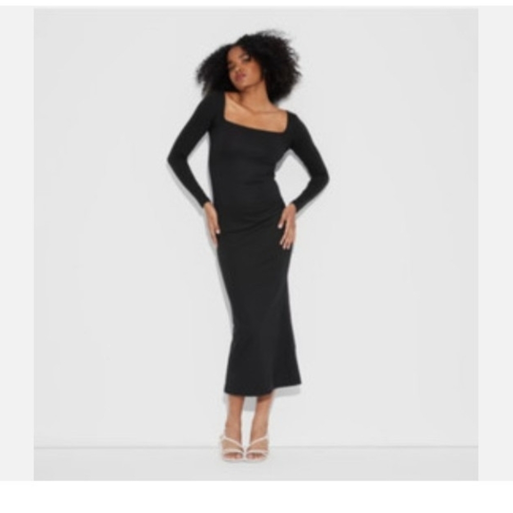 wild fable Black Long Sleeve Square-Neck Midi Dress